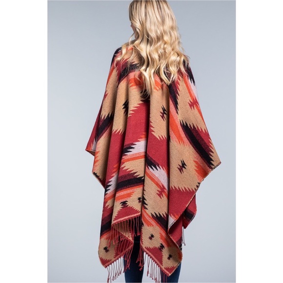 NWOT, Western Aztec Wrap, Ruana, Poncho, Shawl, Cape, One Size Fringe Oversized - Picture 7 of 13
